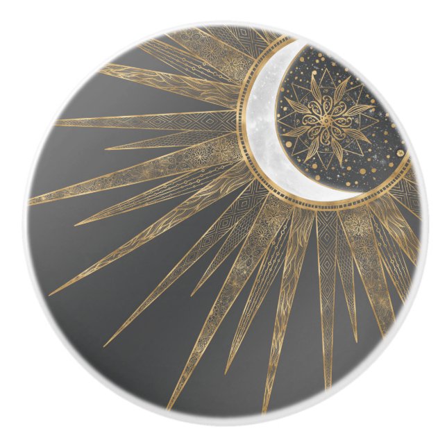 Elegant Gold Doodles Sun Moon Mandala Design Ceramic Knob (Front)
