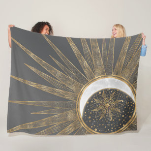 Elegant Gold Doodles Sun Moon Mandala Design Fleece Blanket