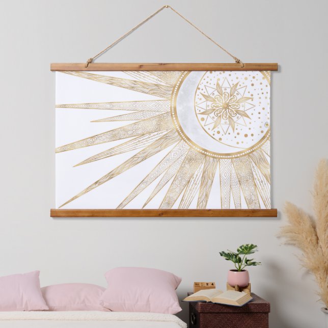 Elegant Gold Doodles Sun Moon Mandala Design Hanging Tapestry (Bedroom)