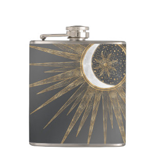 Elegant Gold Doodles Sun Moon Mandala Design Hip Flask