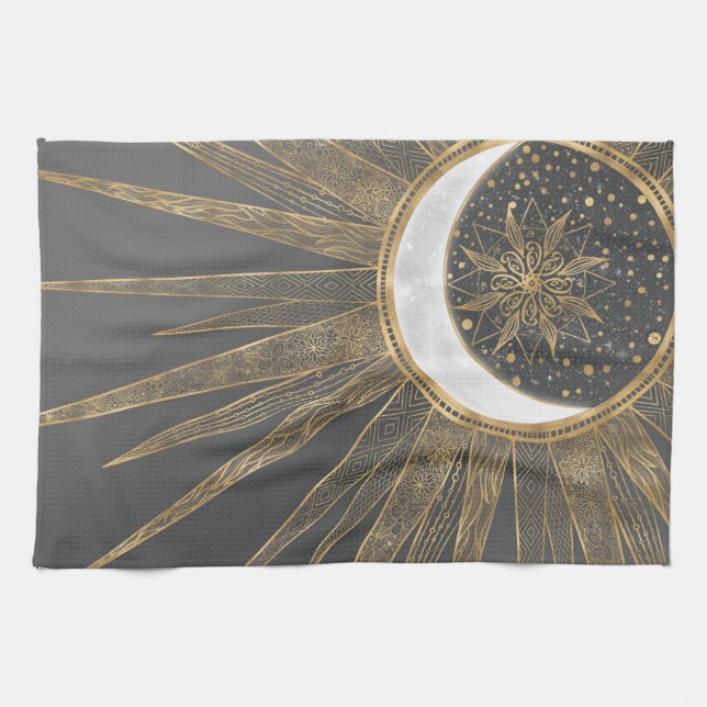 Elegant Gold Doodles Sun Moon Mandala Design Kitchen Towel (Horizontal)