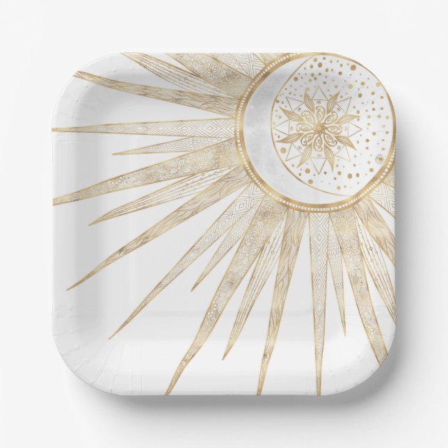 Elegant Gold Doodles Sun Moon Mandala Design Paper Plate (Front)