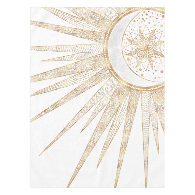 Elegant Gold Doodles Sun Moon Mandala Design Tablecloth (Front)