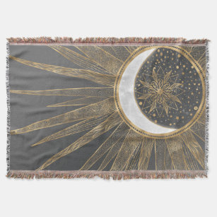 Elegant Gold Doodles Sun Moon Mandala Design Throw Blanket