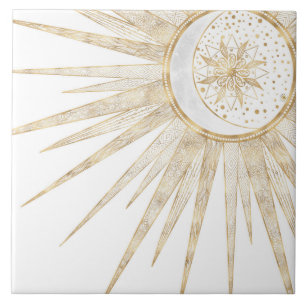 Elegant Gold Doodles Sun Moon Mandala Design Tile