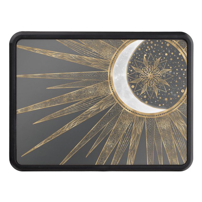 Elegant Gold Doodles Sun Moon Mandala Design Trailer Hitch Cover (Front)