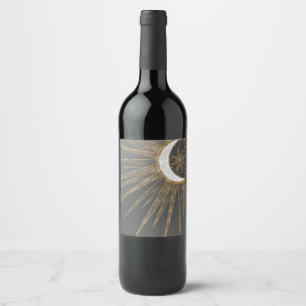 Elegant Gold Doodles Sun Moon Mandala Design Wine Label
