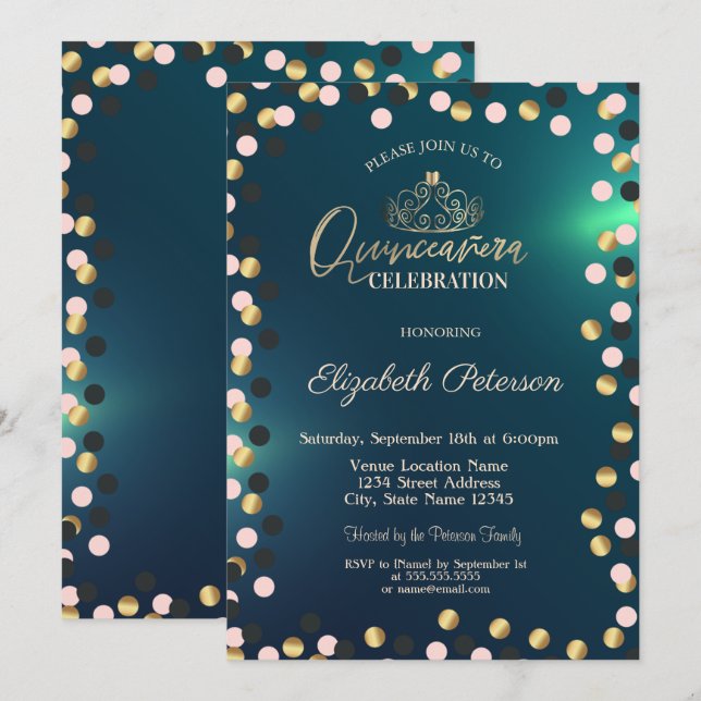 Elegant Gold Dots, Tiara Green Quinceañera Invitation (Front/Back)