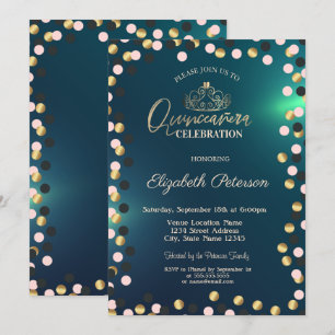 Elegant Gold Dots, Tiara Green Quinceañera Invitation