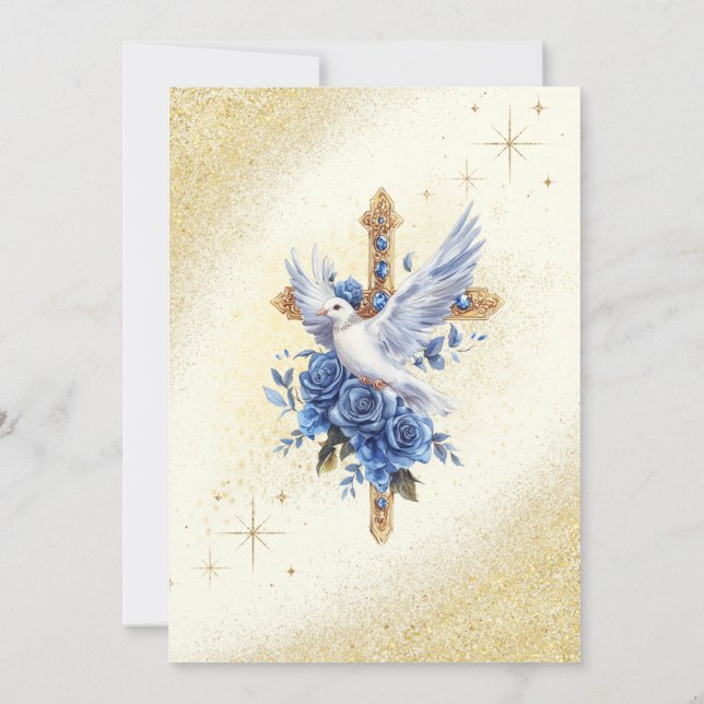 Elegant Gold Dove Blue Roses Baptism  Invitation (Back)
