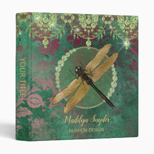 Elegant Gold Dragonfly on Green With Rhinestones Binder