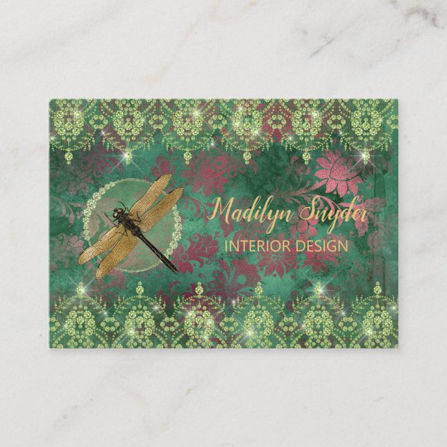 Elegant Gold Dragonfly on Green With Rhinestones Business Card (Front)