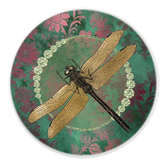 Elegant Gold Dragonfly on Green With Rhinestones Ceramic Knob (Front)