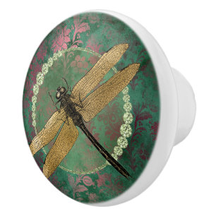 Elegant Gold Dragonfly on Green With Rhinestones Ceramic Knob