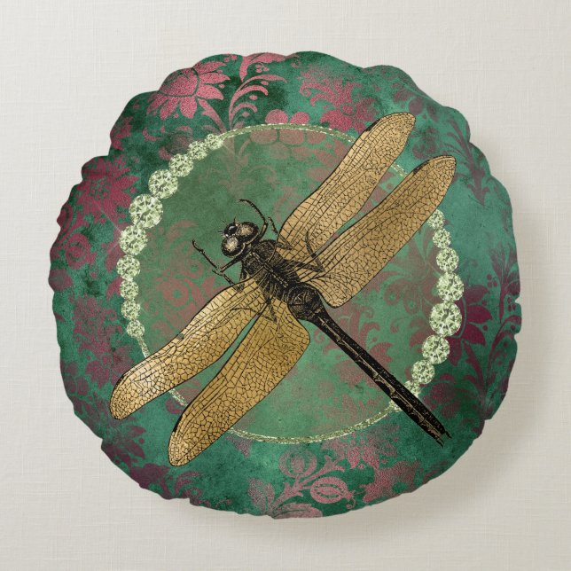 Elegant Gold Dragonfly on Green With Rhinestones Round Pillow (Front)