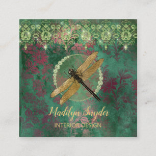 Elegant Gold Dragonfly on Green With Rhinestones Square Business Card