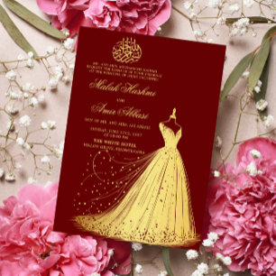 Elegant Gold Dress Burgundy Islamic Muslim wedding Invitation