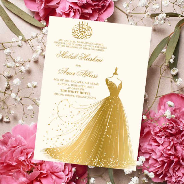 Elegant Gold Dress Cream Islamic Muslim wedding Invitation (Creator Uploaded)
