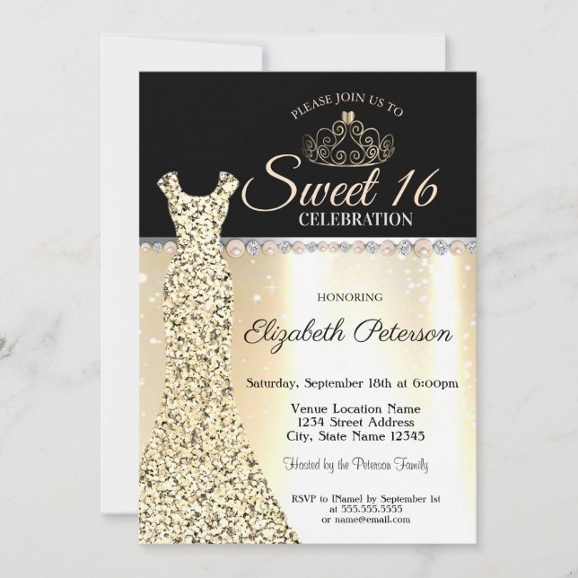 Elegant Gold Dress,Diamonds Pearls Sweet 16 Invitation (Front)