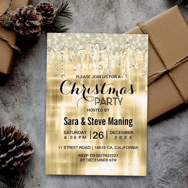 Elegant gold dripping glitter Christmas  Invitation (Creator Uploaded)