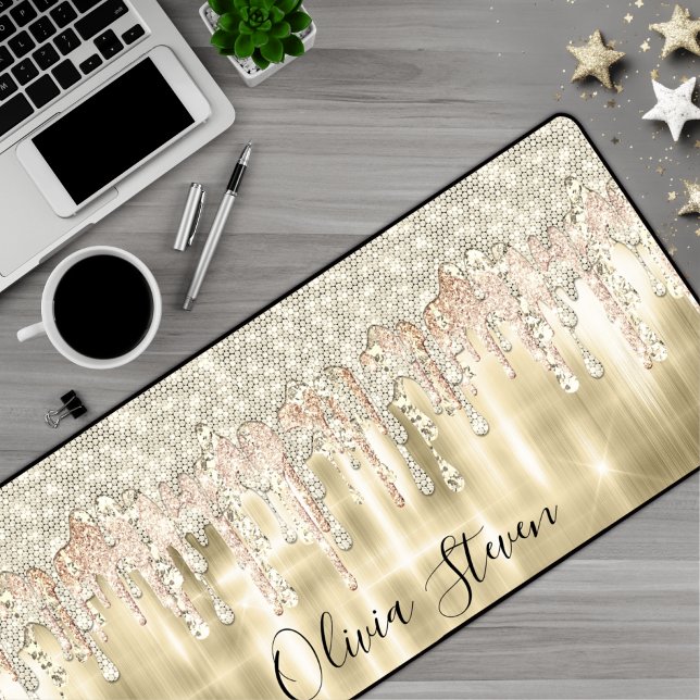 Elegant gold dripping glitter monogram desk mat (Creator Uploaded)