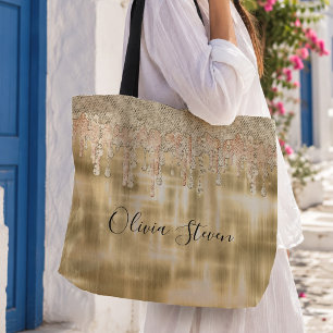 Elegant gold dripping glitter monogram tote bag