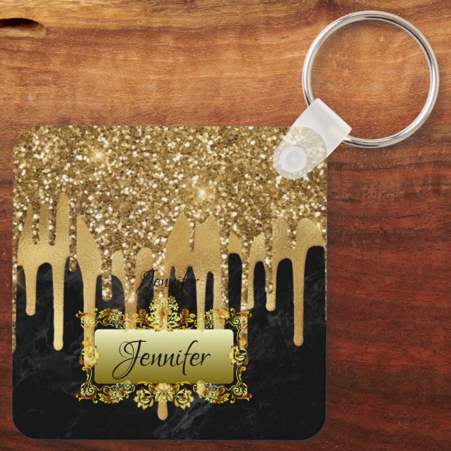 Elegant Gold Dripping Personalised Script gift  Keychain (Back)