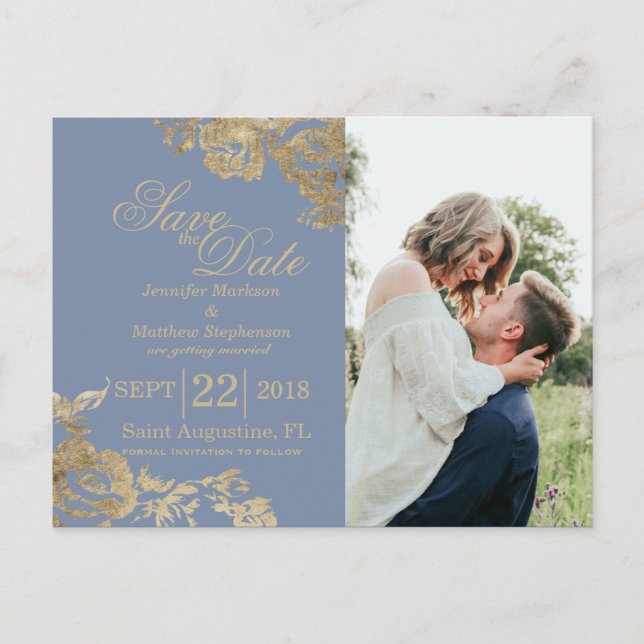 Elegant Gold Dusty Blue Floral Save the Date Announcement Postcard (Front)