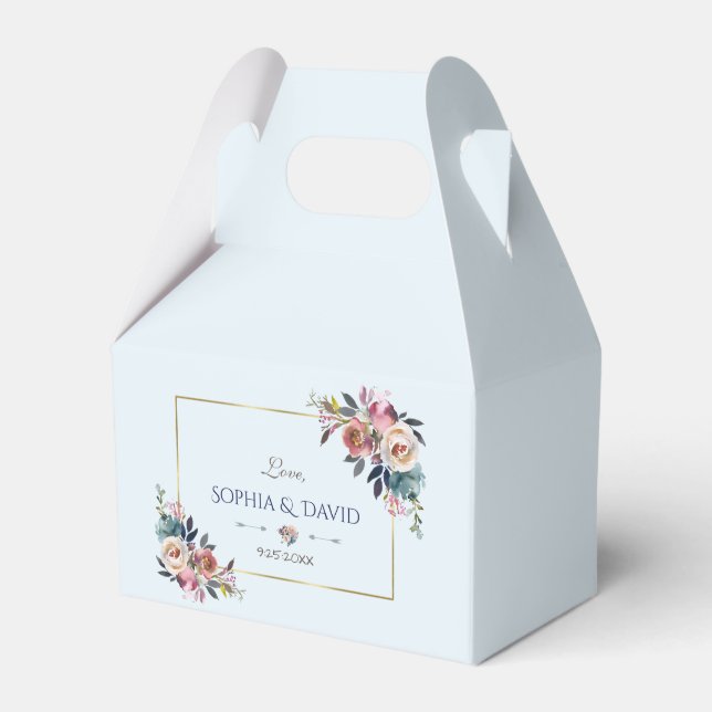 Elegant Gold Dusty Blue Pink Floral Wedding Favor Box (Front Side)