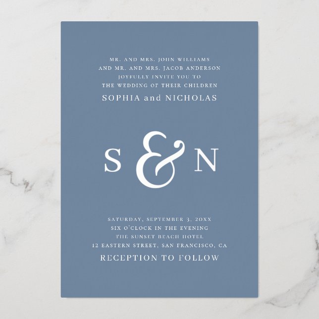 Elegant gold dusty blue typography details wedding (Front)