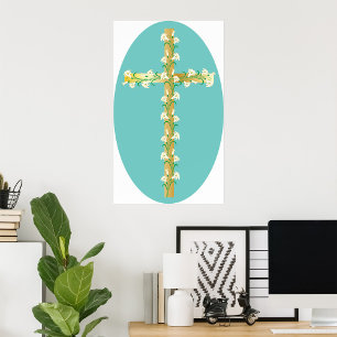Elegant Gold Easter Cross with White Lilies Poster