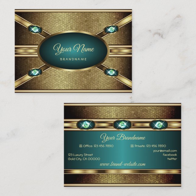 Elegant Gold Effects Teal with Faux Rhinestones Business Card (Front/Back)