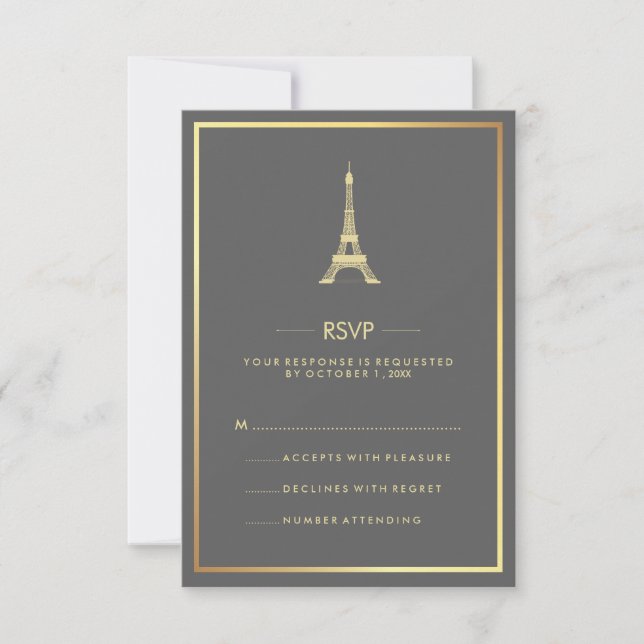 Elegant Gold Eiffel Tower on Grey Wedding RSVP Invitation (Front)