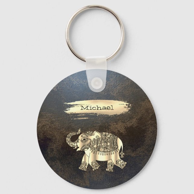 Elegant Gold Elephant,Brush Stroke,Leather Look   Keychain (Front)
