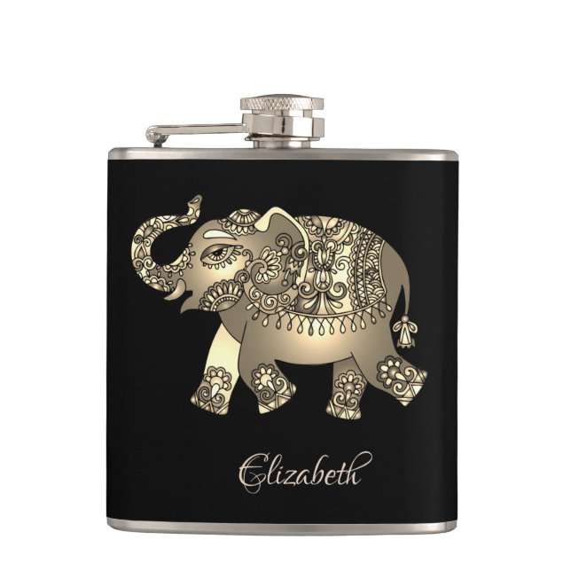 Elegant  Gold Elephant Floral, Black- Personalized Hip Flask (Front)