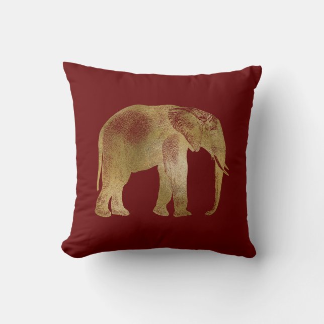 Elegant Gold Elephant on Burgundy Background Throw Pillow (Front)
