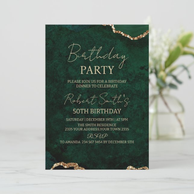 Elegant Gold Emerald Green Agate 50th Birthday Invitation (Standing Front)