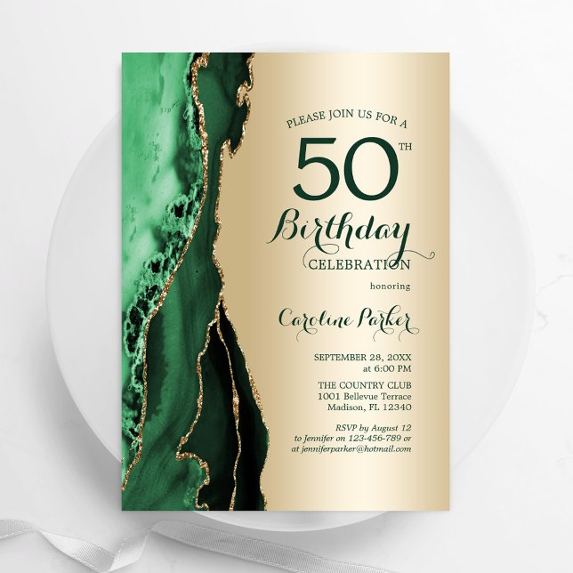 Elegant Gold Emerald Green Agate 50th Birthday Invitation (Creator Uploaded)