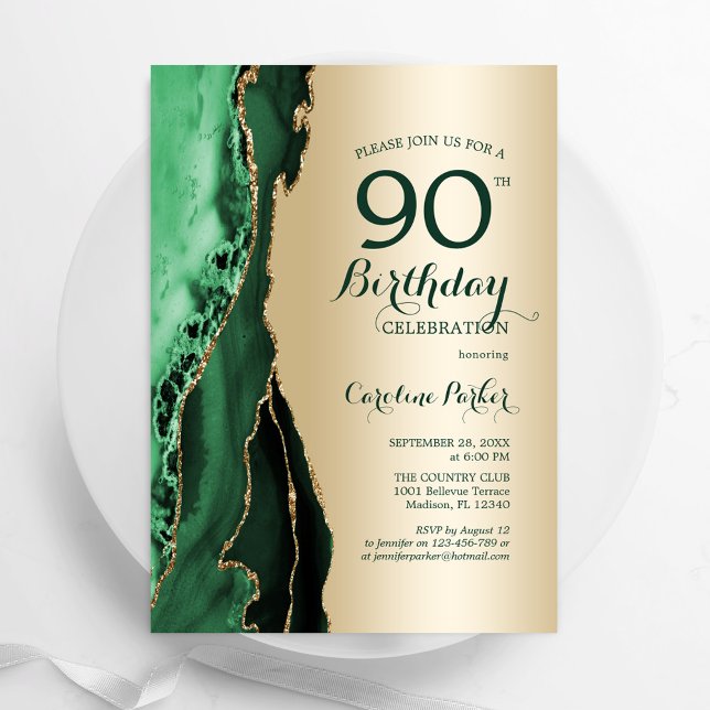 Elegant Gold Emerald Green Agate 90th Birthday Invitation (Creator Uploaded)