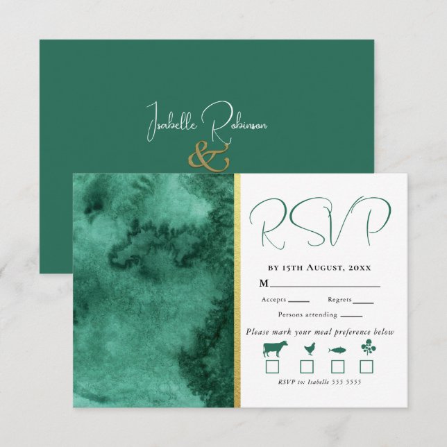 Elegant Gold Emerald Green Colour Wash Wedding RSVP Card (Front/Back)