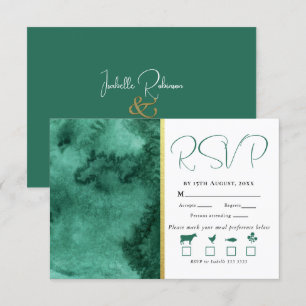 Elegant Gold Emerald Green Colour Wash Wedding RSVP Card
