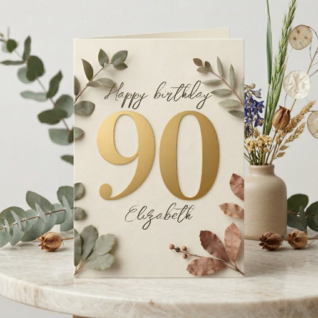 Elegant Gold Eucalyptus Botanical 90th Birthday Card (Creator Uploaded)