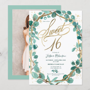 Elegant gold eucalyptus leaf photo script sweet 16 invitation
