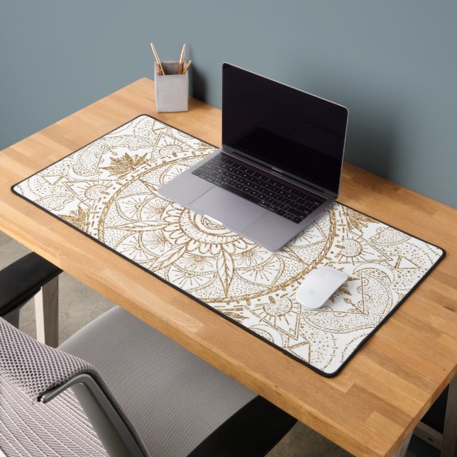 Elegant Gold Eye Sun Moon Mandala White Desk Mat (Office 2)