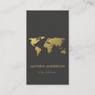 ELEGANT GOLD FAUX BLACK WORLD MAP PERSONALIZED BUSINESS CARD