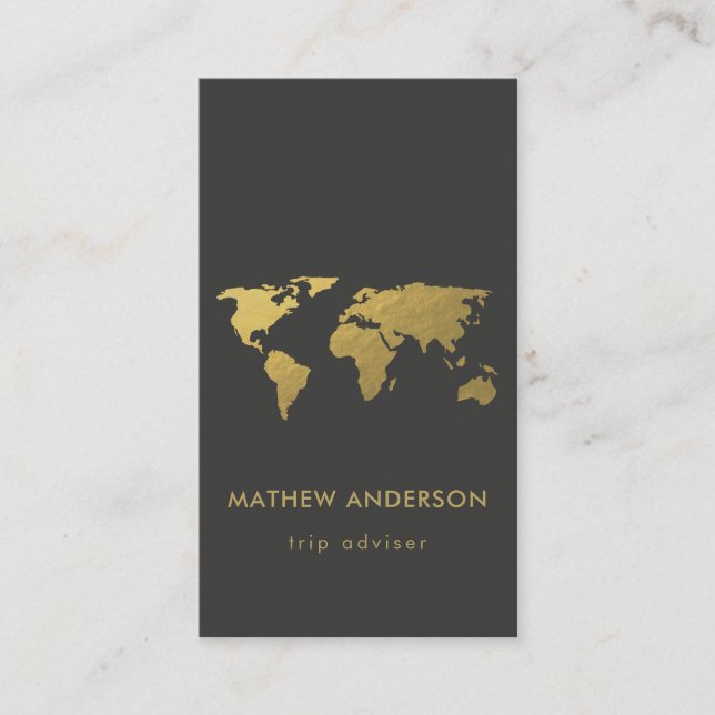 ELEGANT GOLD FAUX BLACK WORLD MAP PERSONALIZED BUSINESS CARD (Front)