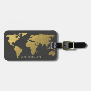 ELEGANT GOLD FAUX BLACK WORLD MAP PERSONALIZED LUGGAGE TAG