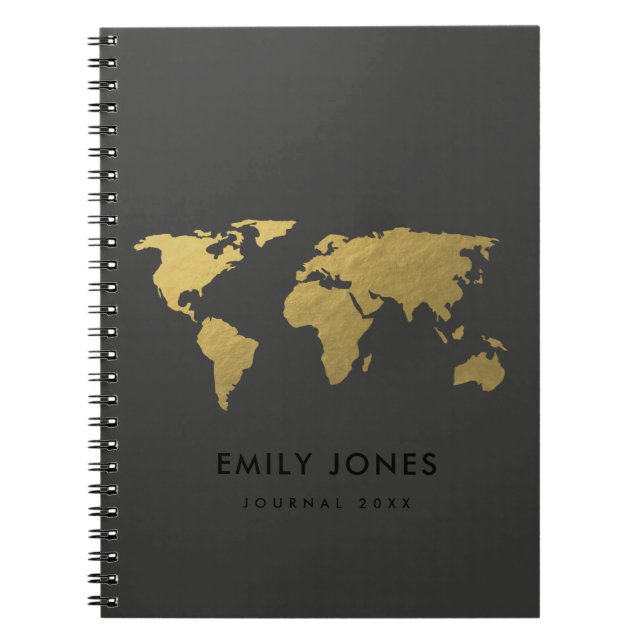 ELEGANT GOLD FAUX BLACK WORLD MAP PERSONALIZED NOTEBOOK (Front)