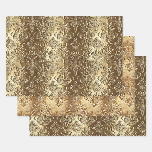 Elegant Gold Faux Brocade Gift  Wrapping Paper Sheet (Set)