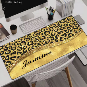Elegant gold faux glitter animal print Monogram Desk Mat